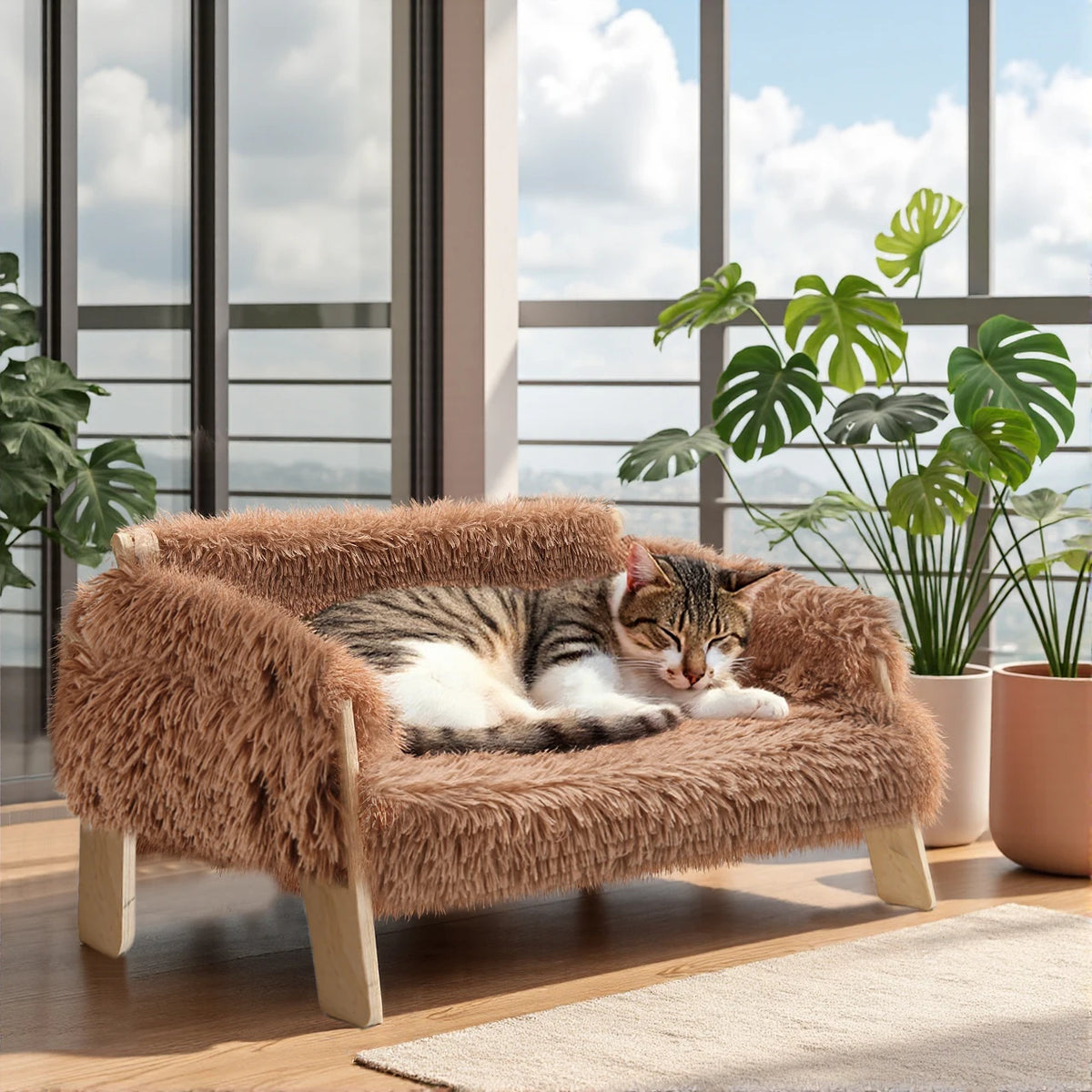 Raised Plush Cat Sofa Bed with Wooden Legs | The Whisker Chaise