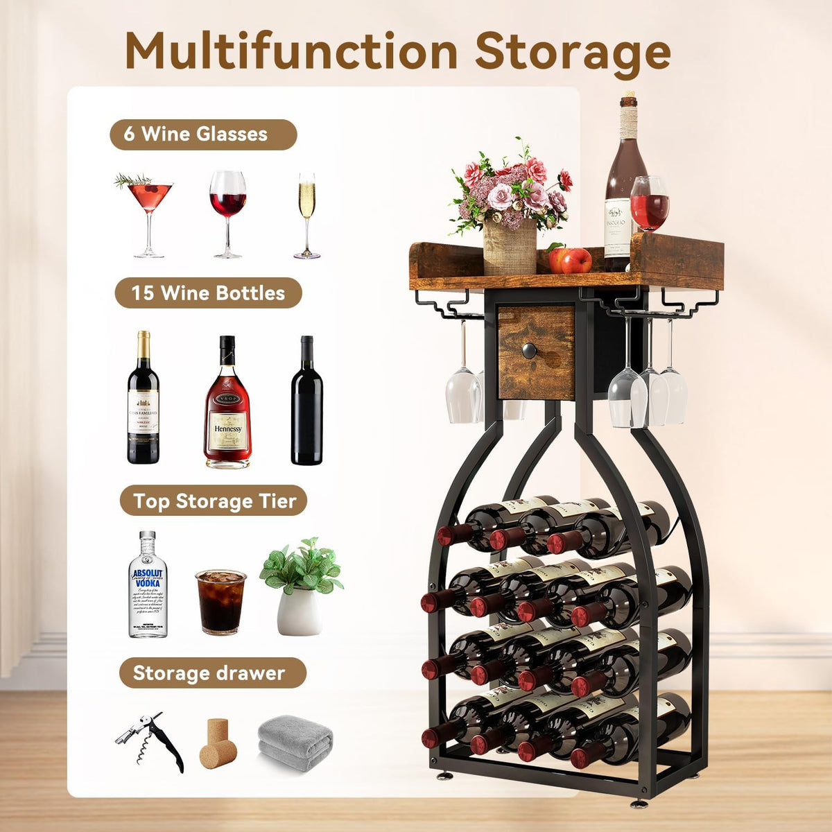Wine Rack Freestanding Floor, 15 Bottles, Glass Holder, Brown | The Cellar Silhouette