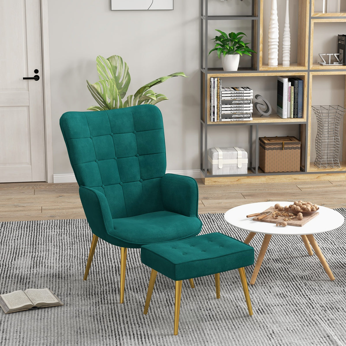 Tufted Dark Green Velvet Armchair & Footstool | The Emerald Lounge