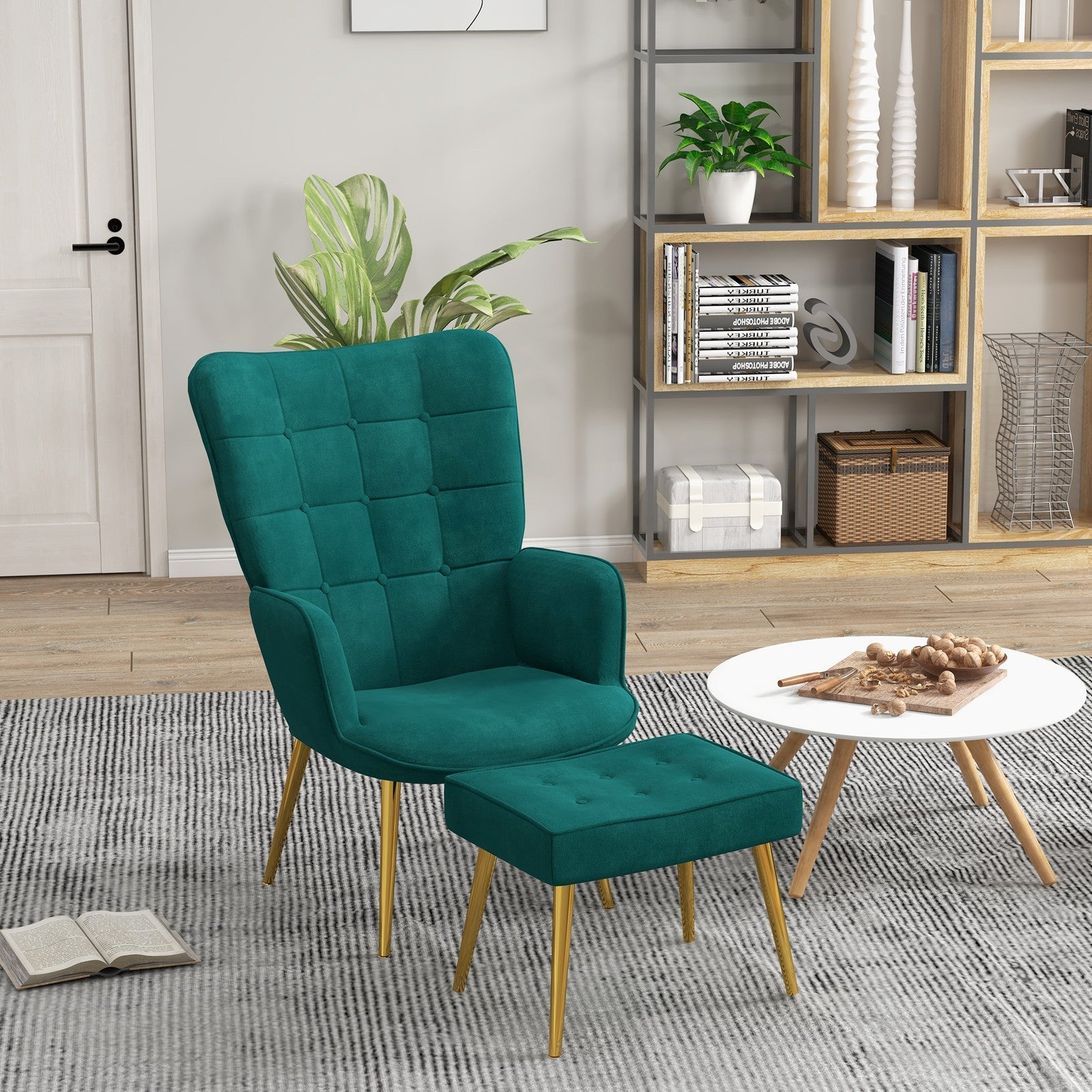 Tufted Dark Green Velvet Armchair & Footstool | The Emerald Lounge