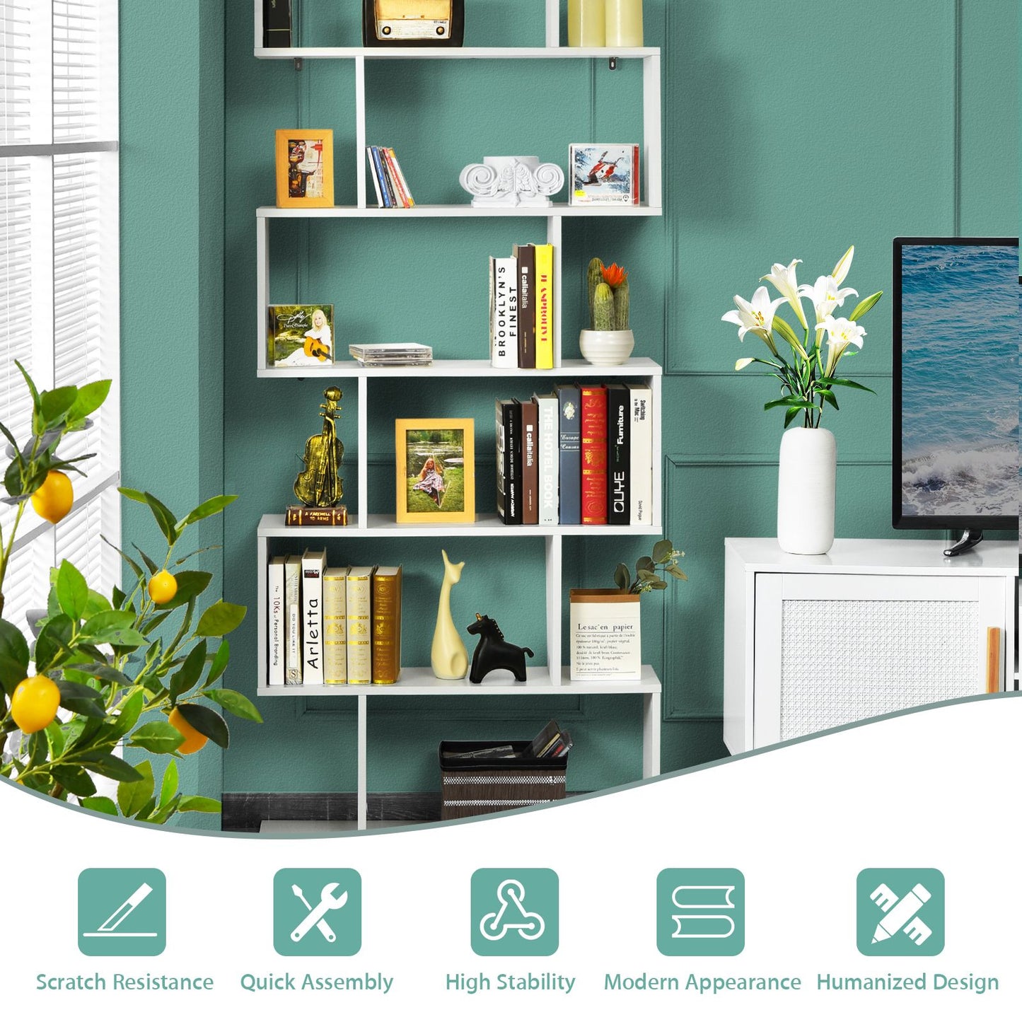 6-Tier S-Shaped Geometric Bookshelf | The Helix Column