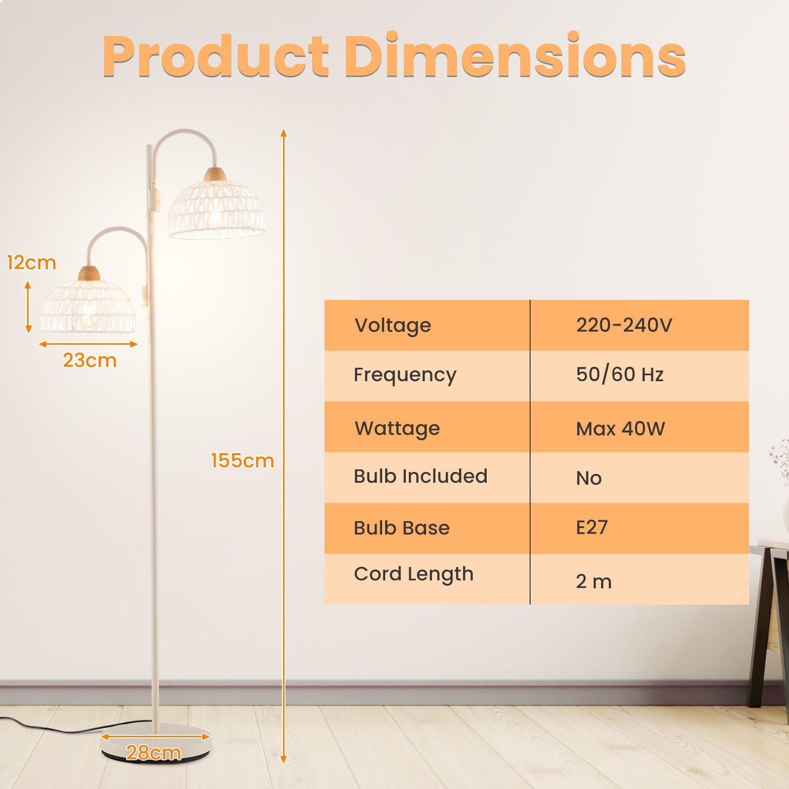 2 Light Floor Lamp with Foot Switch and Woven Lampshades