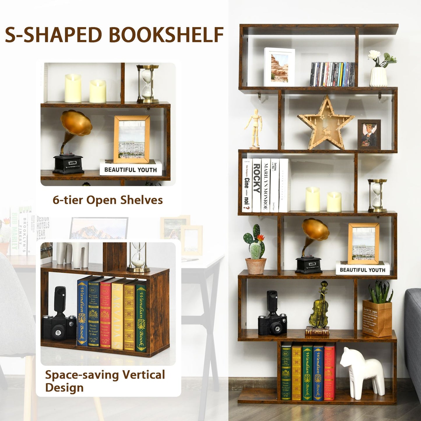 6-Tier S-Shaped Geometric Bookshelf | The Helix Column