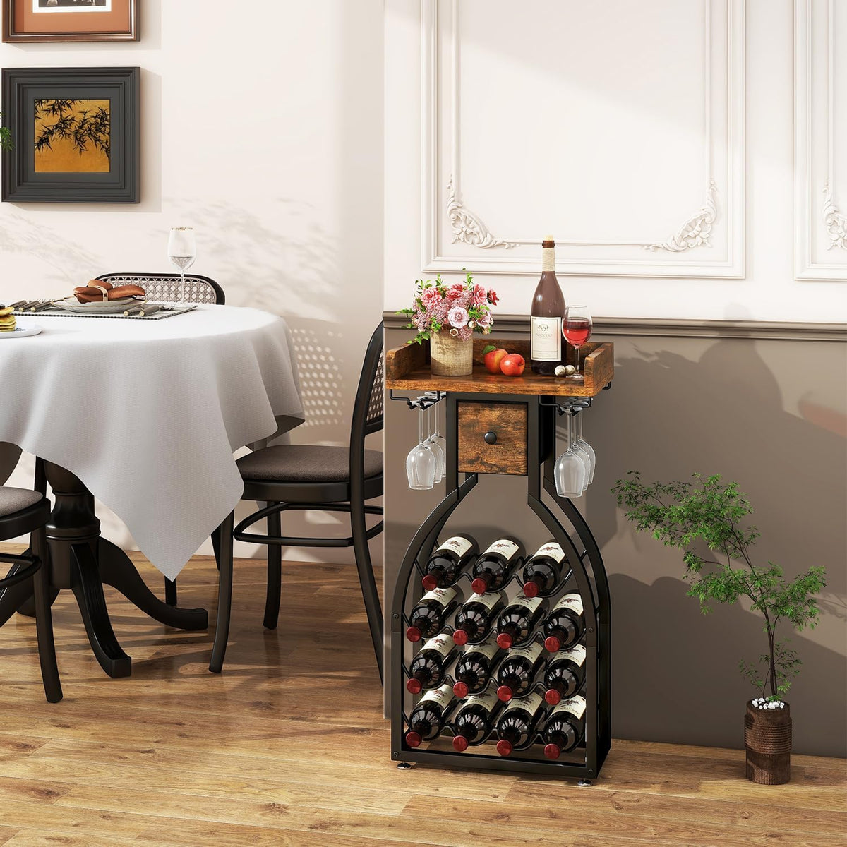 Wine Rack Freestanding Floor, 15 Bottles, Glass Holder, Brown | The Cellar Silhouette