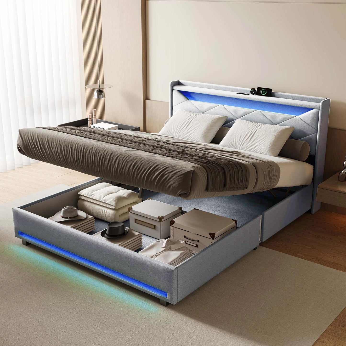 Gas Lift Ottoman Bed Frame with LED & Charging Headboard | The Lumina Vaul