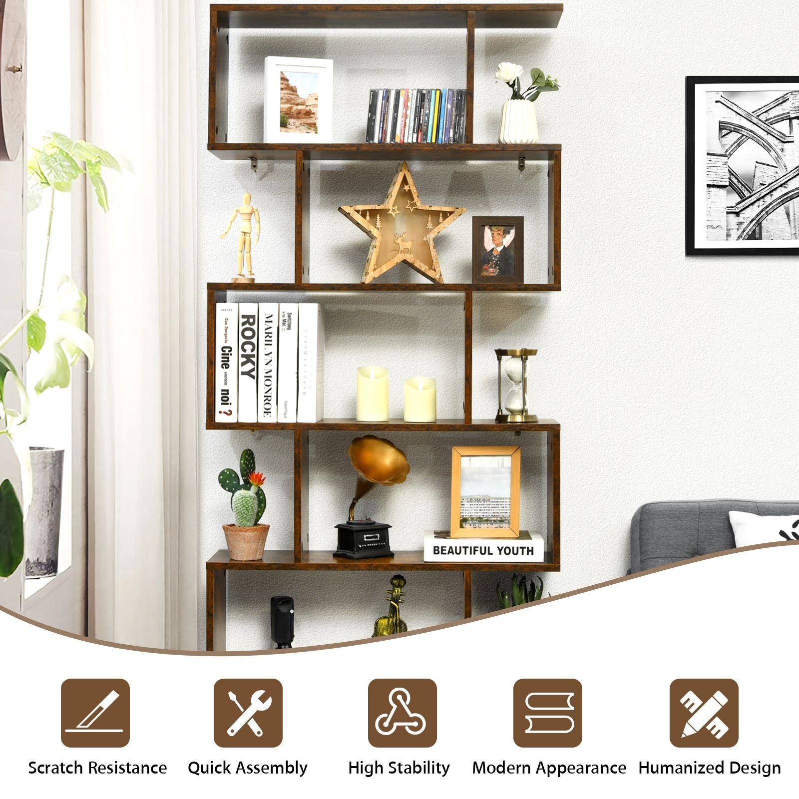 6-Tier S-Shaped Geometric Bookshelf | The Helix Column
