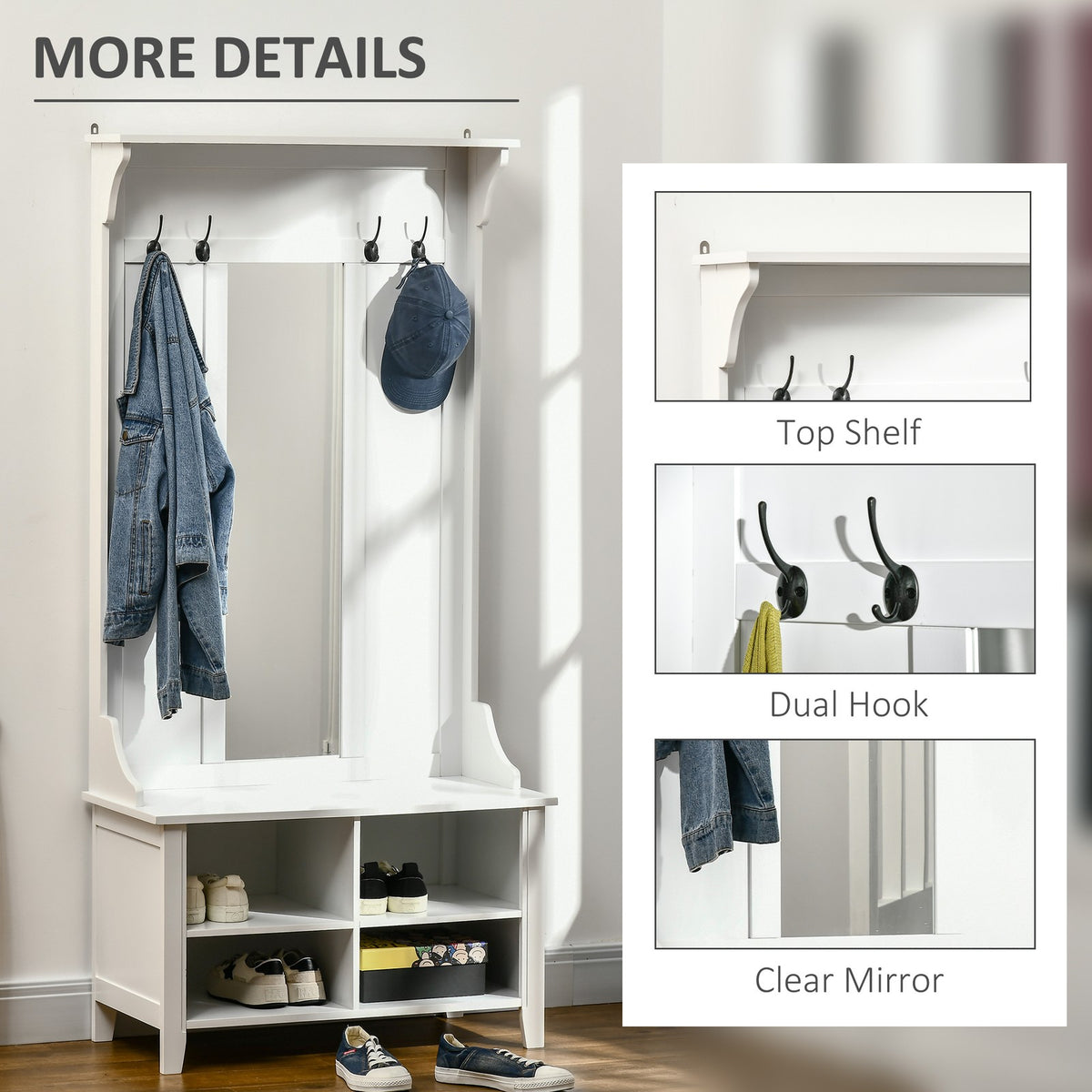 HOMCOM Hallway Storage Bench with Mirror & 4 Coat Hooks | The Entry Valet
