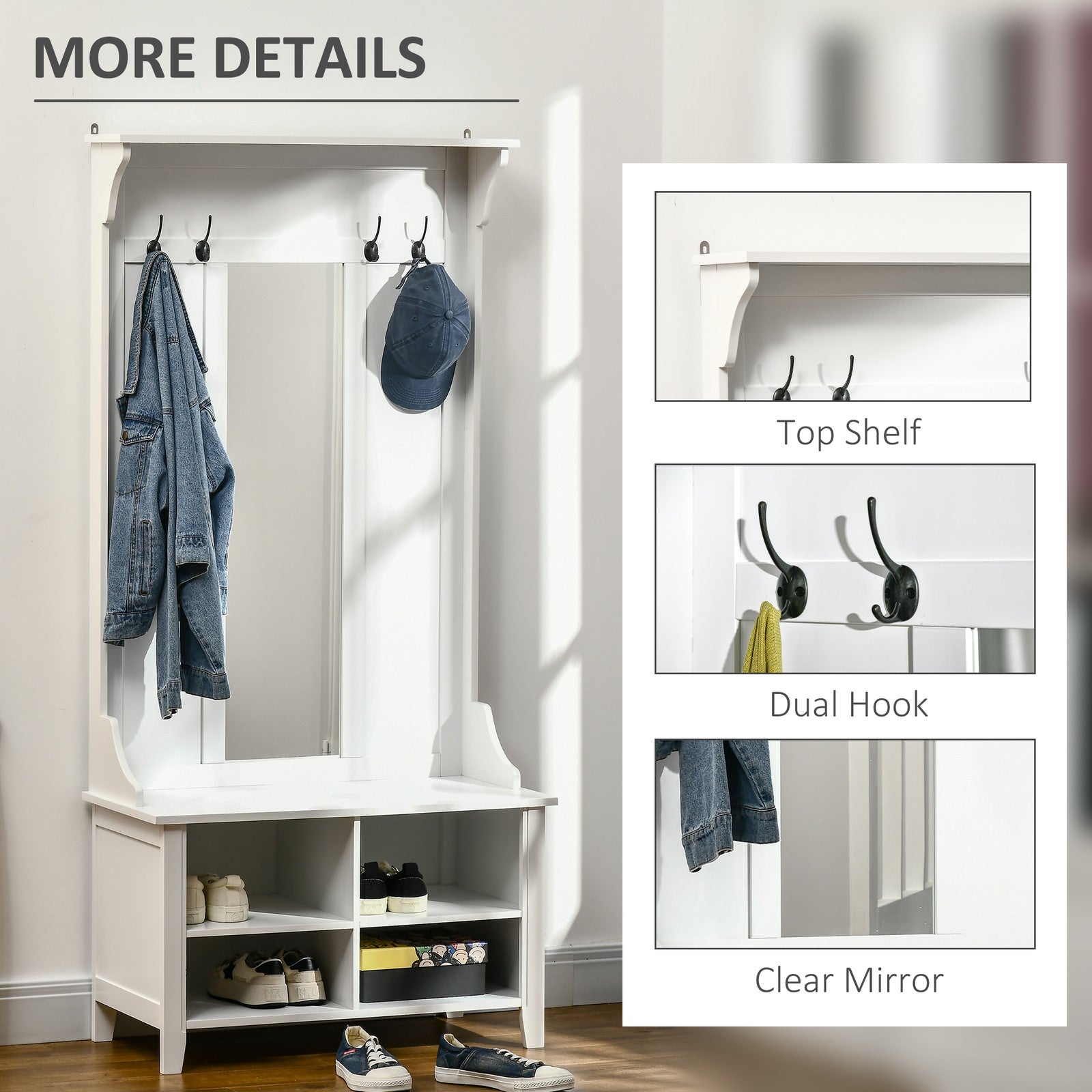 HOMCOM Hallway Storage Bench with Mirror & 4 Coat Hooks | The Entry Valet