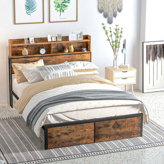 HOMCOM 4.6FT Double Bed Frame with Storage Headboard and under Bed Storage