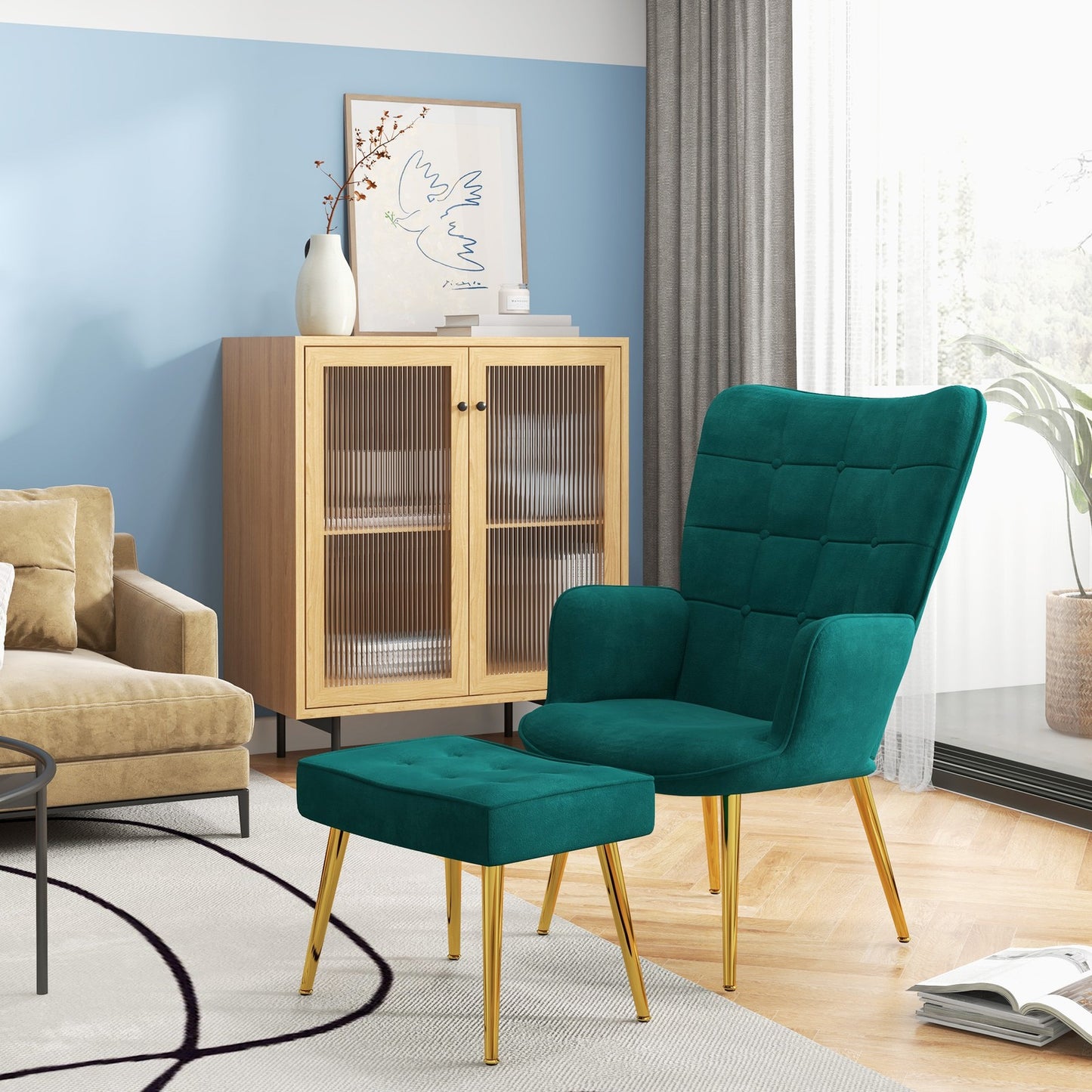 Tufted Dark Green Velvet Armchair & Footstool | The Emerald Lounge