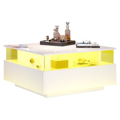 Modern LED Square Wooden Coffee Table with 2 Drawers | The Aurora Float