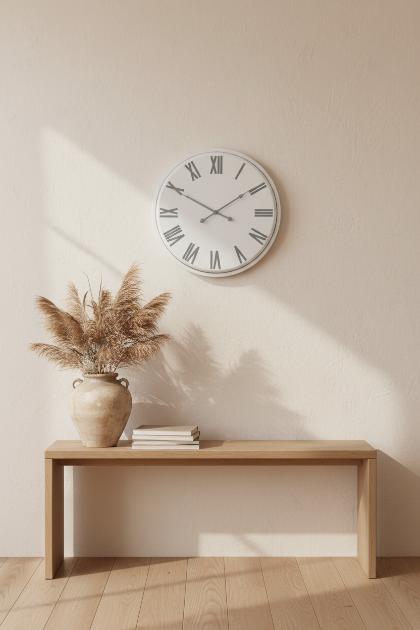 Roman numeral wall clock styled above an oak console