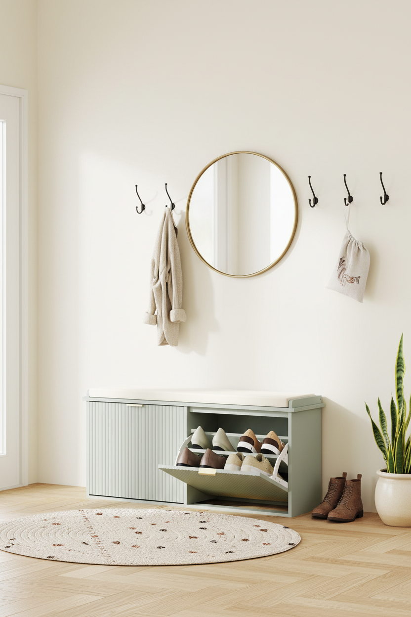 Shoe storage bench styled in a bright hallway