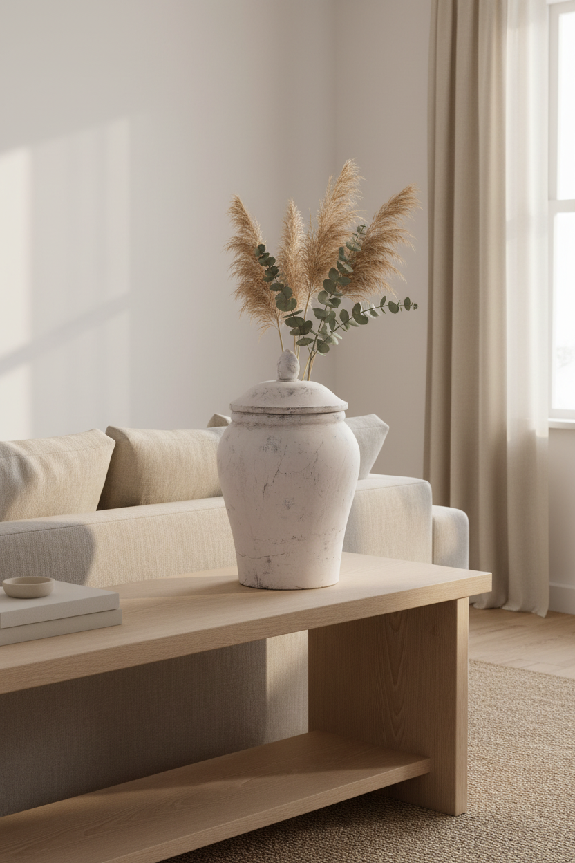 Stone ginger jar styled on an oak console in a light living room