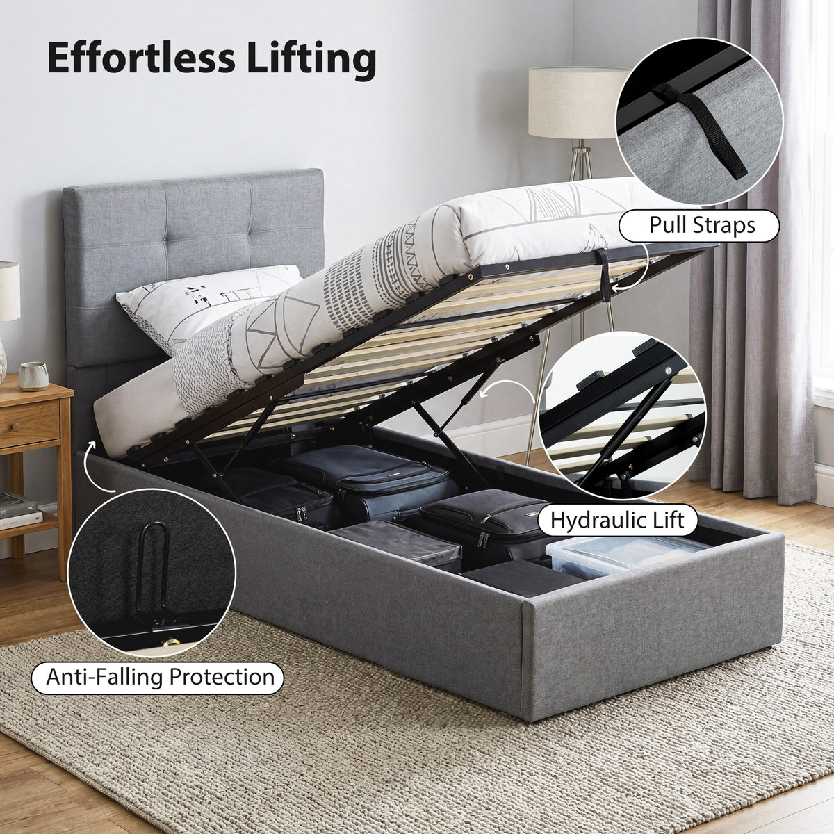 Upholstered Ottoman Bed Frame with Gas Lift Storage | The Haven Lift