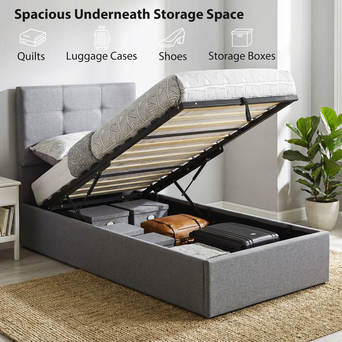 Upholstered Ottoman Bed Frame with Gas Lift Storage | The Haven Lift