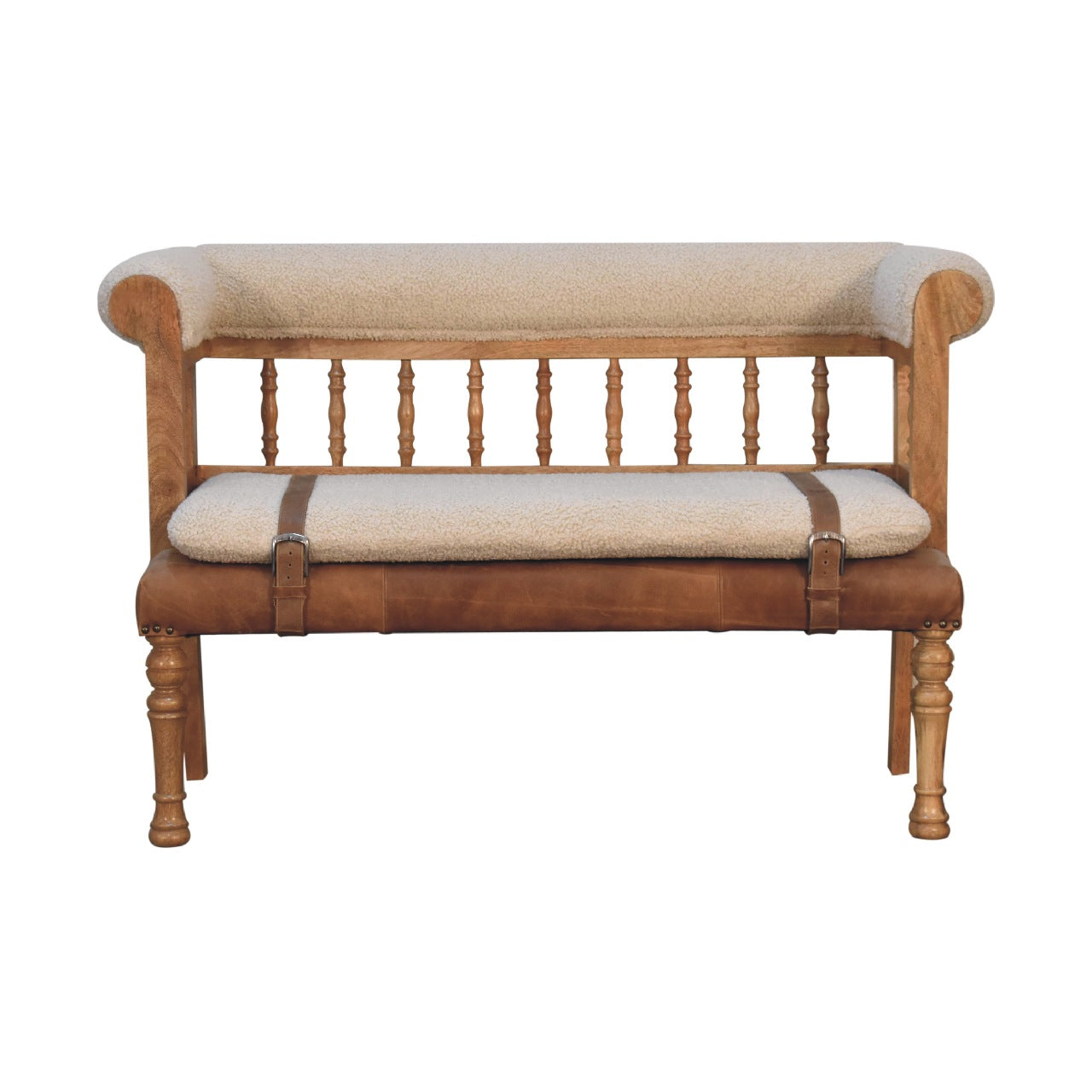 Cream Boucle Buffalo Leather Strap Hallway Bench