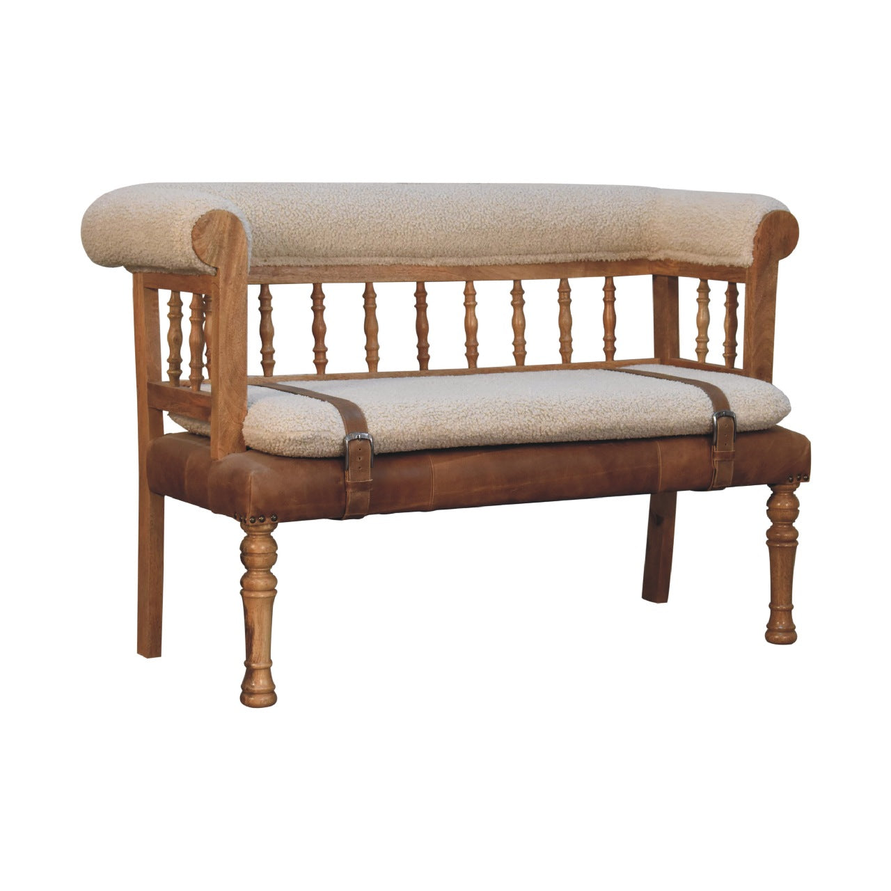 Cream Boucle Buffalo Leather Strap Hallway Bench