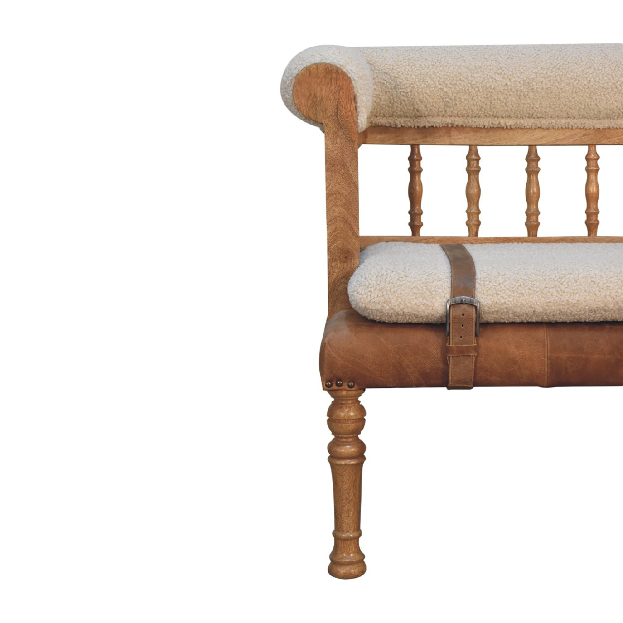 Cream Boucle Buffalo Leather Strap Hallway Bench