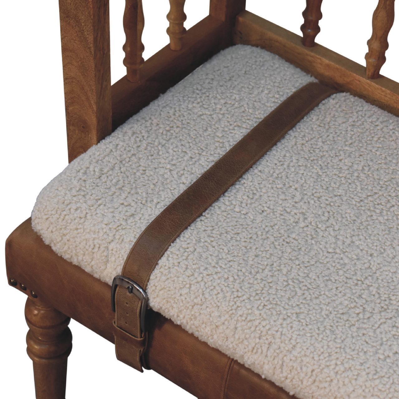 Cream Boucle Buffalo Leather Strap Hallway Bench