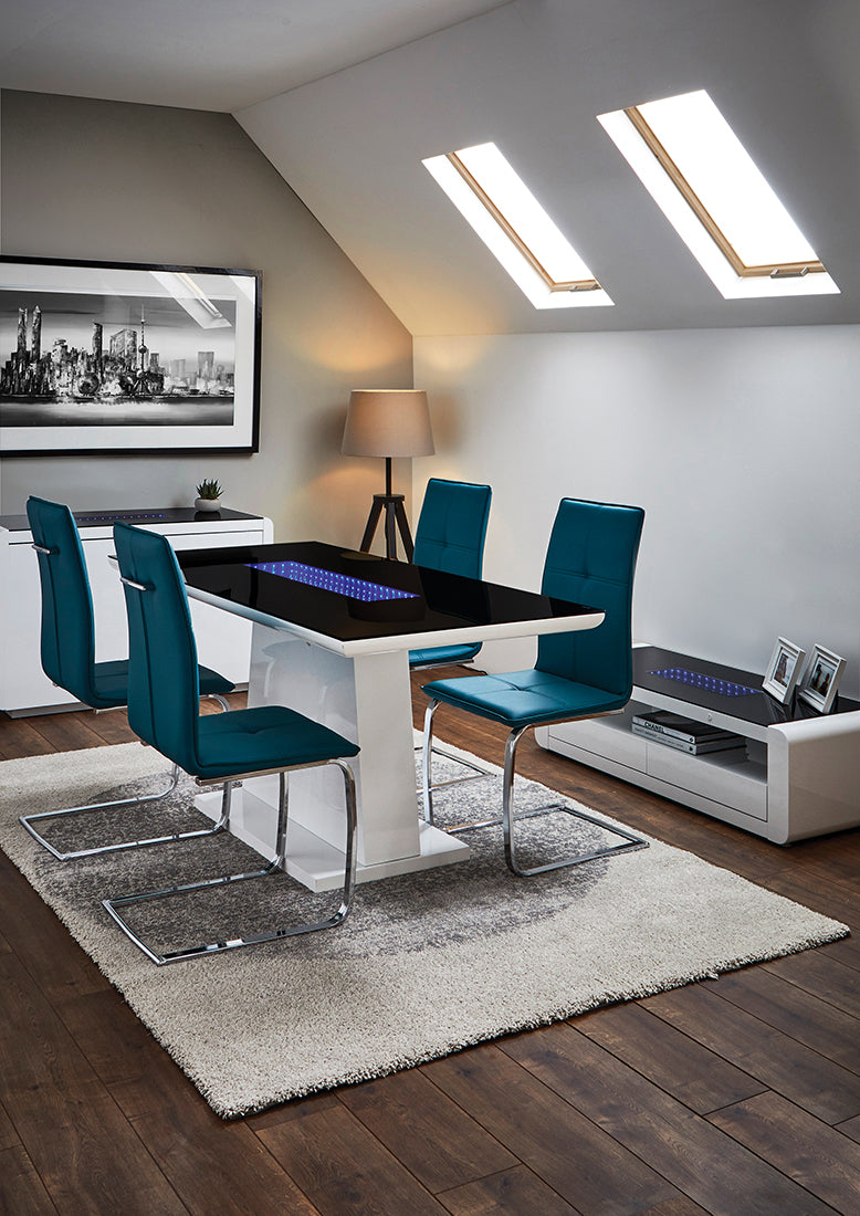 Matrix Dining Table White with Black Glass Top & Blue LED